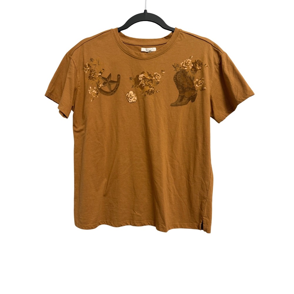Maurices Womens XS Brown Western Graphic Tee Cowboy Boot Horseshoe Floral Shirt
